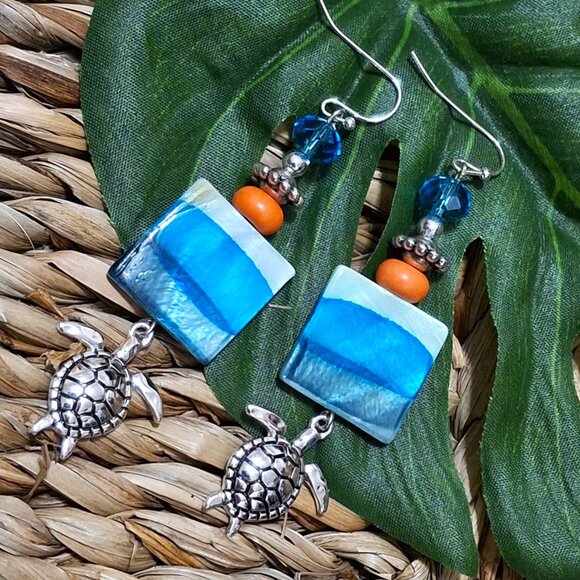 Artisan Hand Crafted Earrings, Turtles Silver Aqua Blue Orange Shell, Pierced - Picture 6 of 12